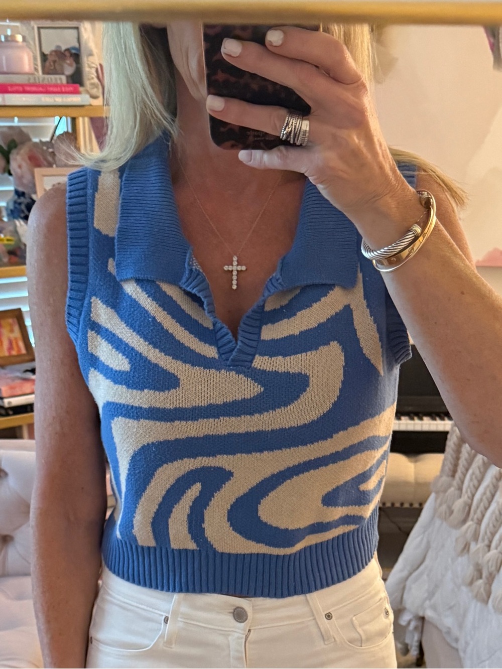 Blue & Cream Knit Sleeveless Polo Crop Top